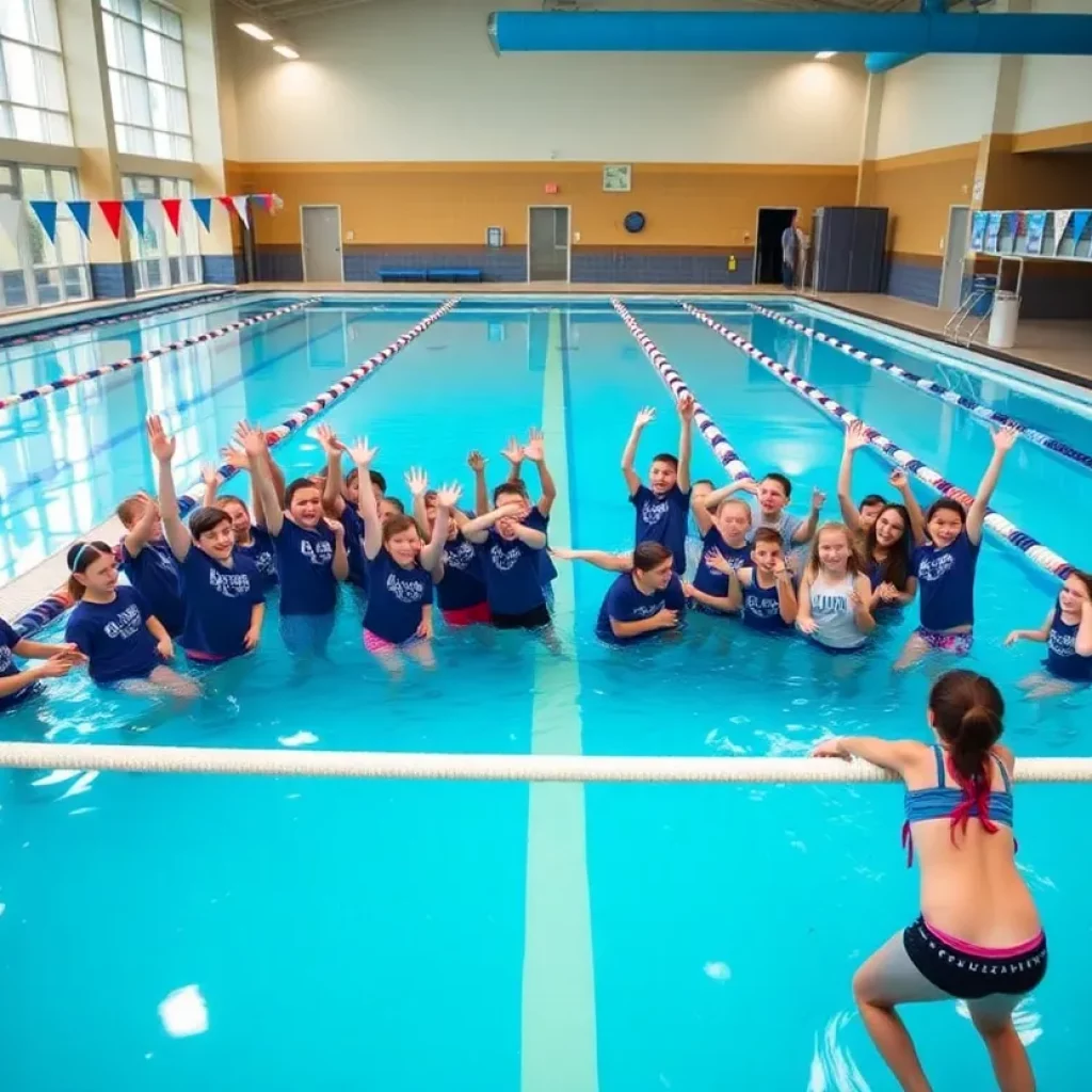 Mankato West Swim Team celebrating the opening of their new swimming pool.