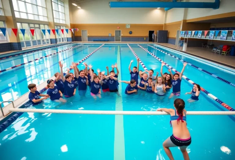 Mankato West Swim Team celebrating the opening of their new swimming pool.