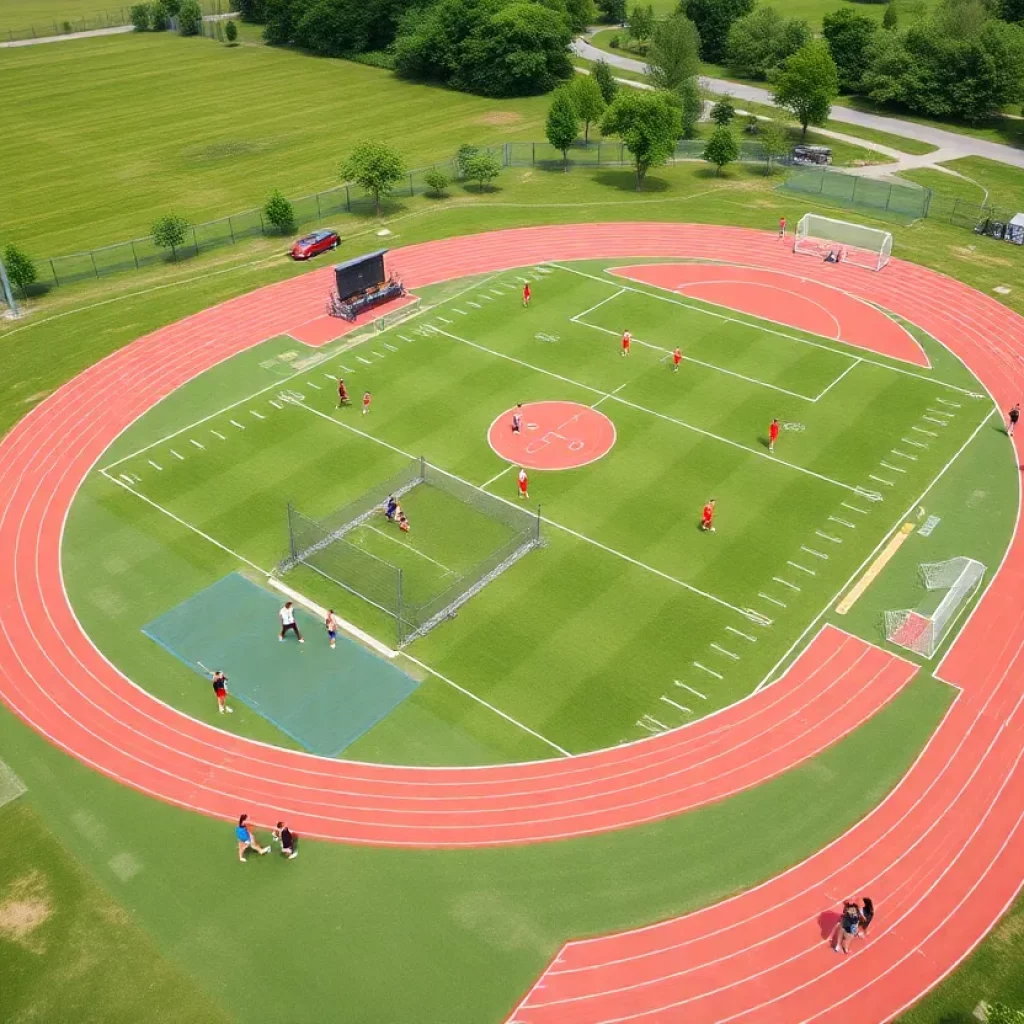 Newly opened Track and Turf Field at Marist College with students participating in sports.