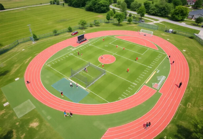 Newly opened Track and Turf Field at Marist College with students participating in sports.
