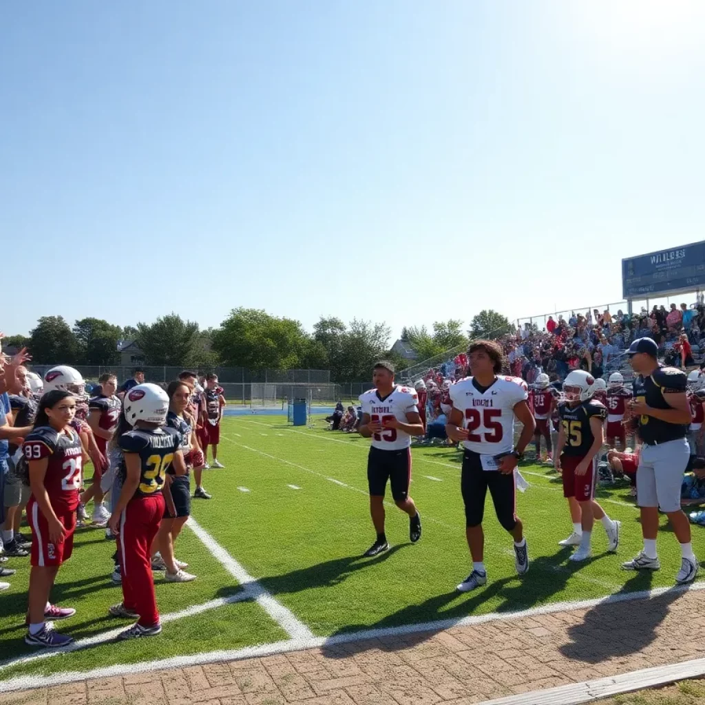A scene from a Maryland high school football game with players, fans, and a sunny background.