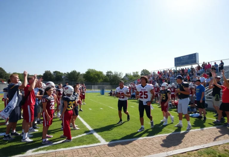 A scene from a Maryland high school football game with players, fans, and a sunny background.