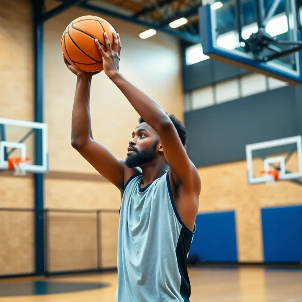 A young athlete practicing basketball skills in a gym.