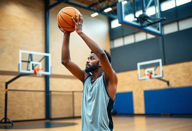 A young athlete practicing basketball skills in a gym.