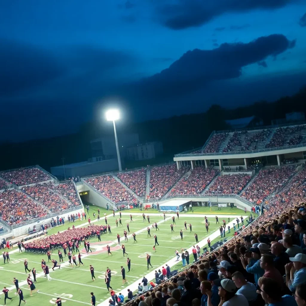 Crowd at Mayfield High School football game under stadium lights