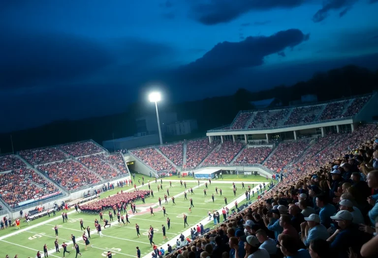 Crowd at Mayfield High School football game under stadium lights