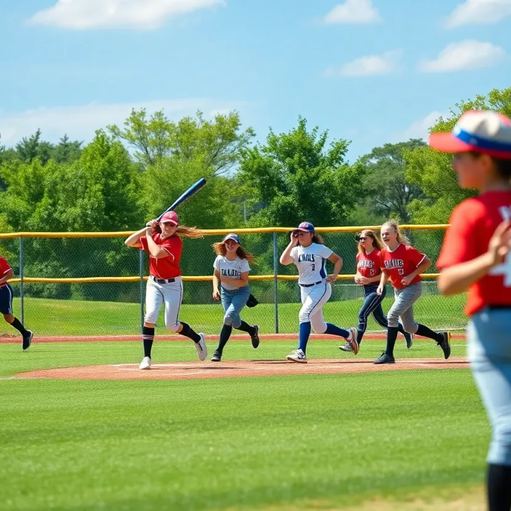 Meeker High School softball team playing a game.