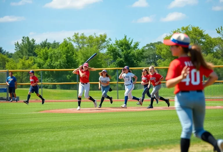 Meeker High School softball team playing a game.