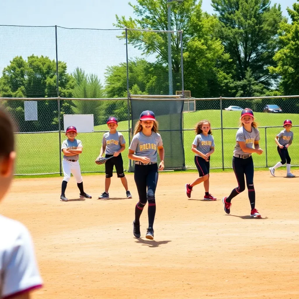 Meeker High School softball team practicing on the field