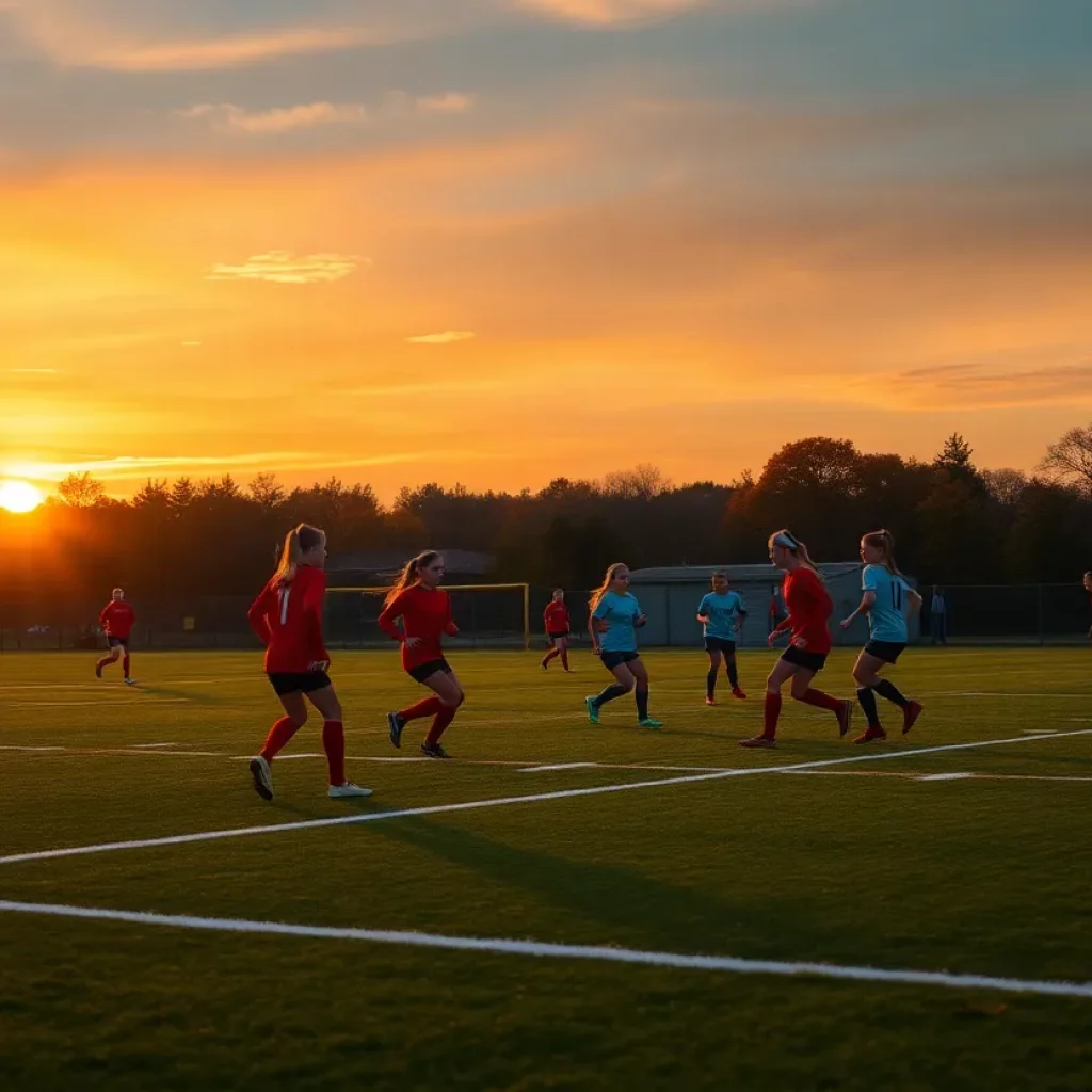 Girls soccer players competing on an autumn field