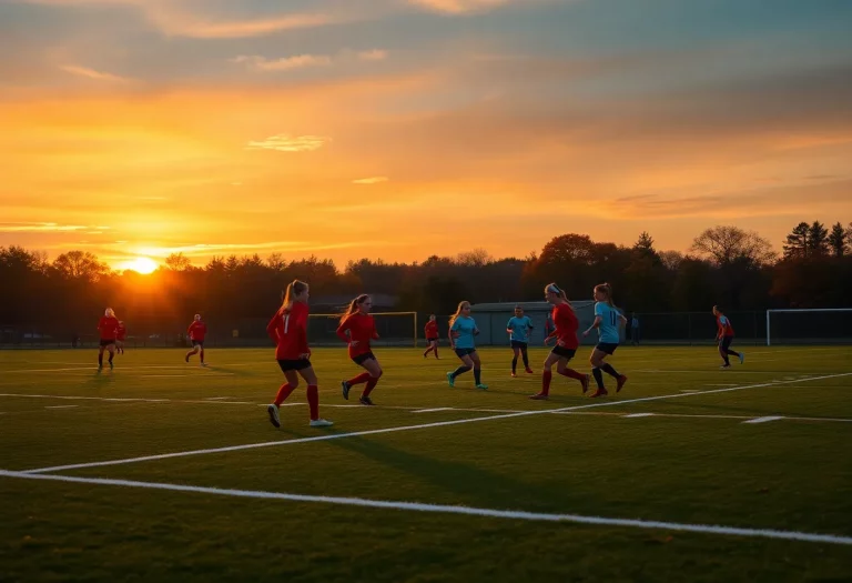 Girls soccer players competing on an autumn field