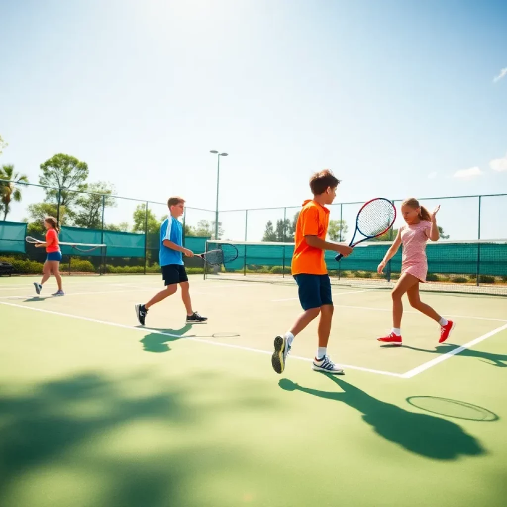 Youth tennis players competing on a court during a match