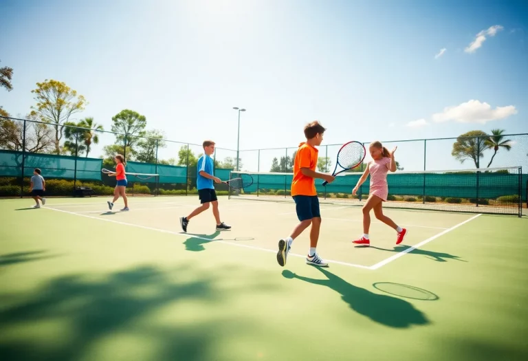 Youth tennis players competing on a court during a match