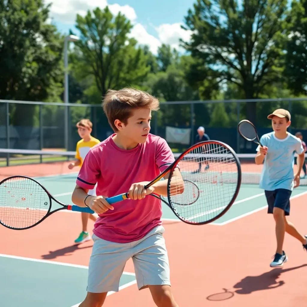High school boys tennis players competing in a match