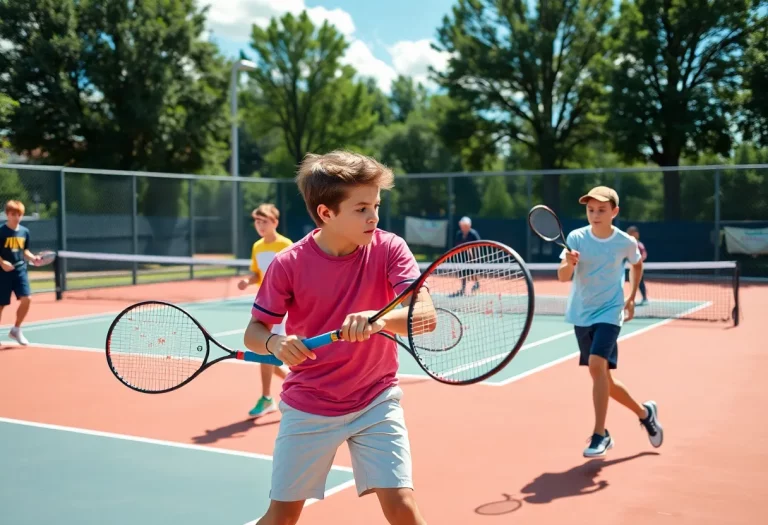 High school boys tennis players competing in a match