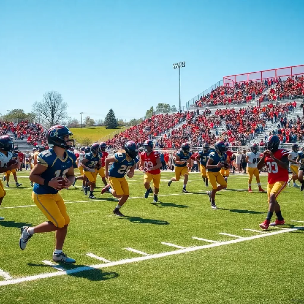 High school football players practicing on the field