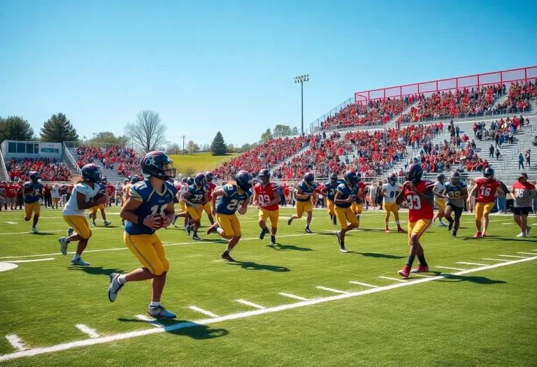 High school football players practicing on the field