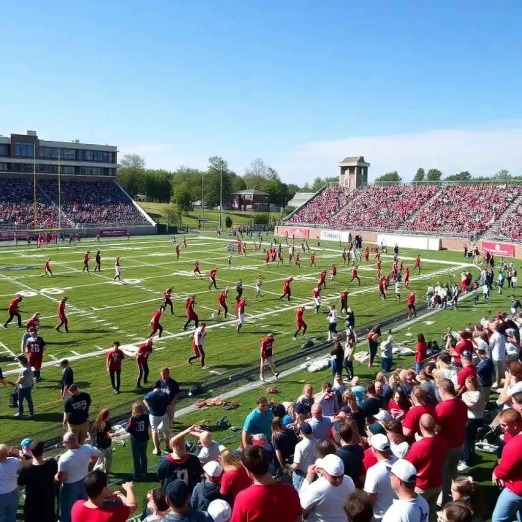 High school football players on the field during kickoff