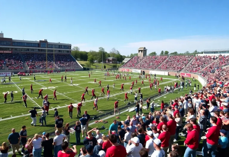 High school football players on the field during kickoff