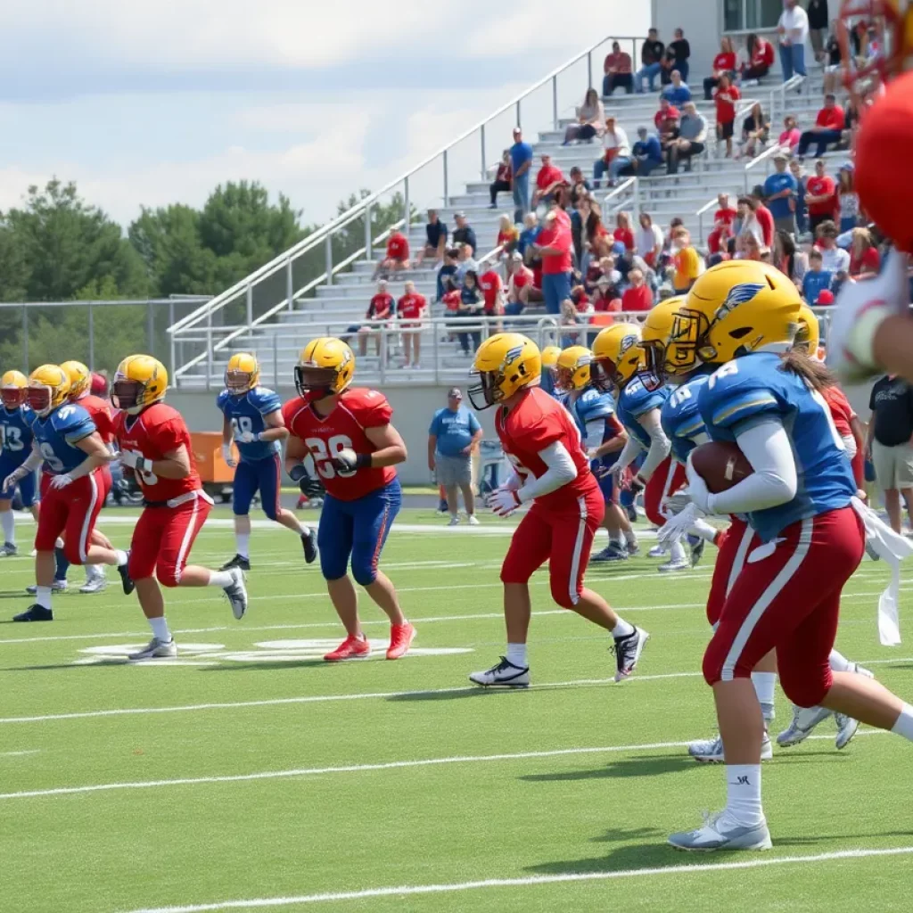 Football players practicing on a high school field