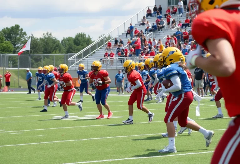 Football players practicing on a high school field