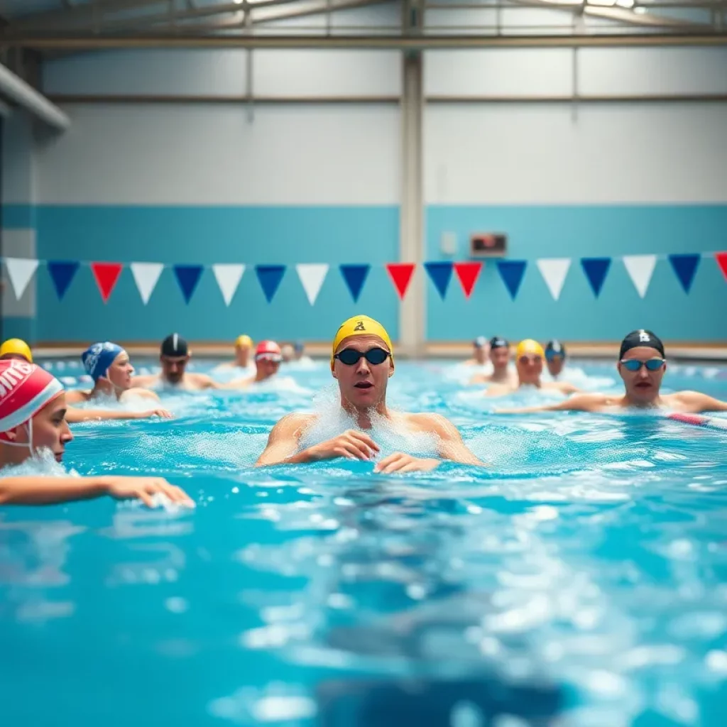 Athletes from the Mighty Oaks swimming team practicing in a modern swimming pool.