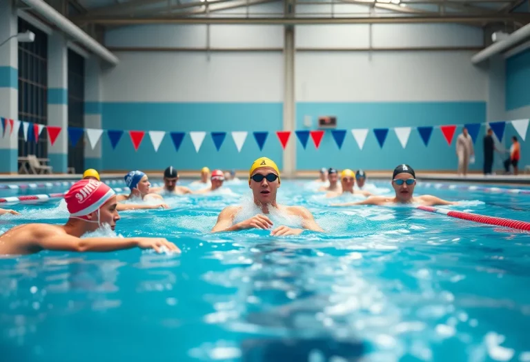 Athletes from the Mighty Oaks swimming team practicing in a modern swimming pool.