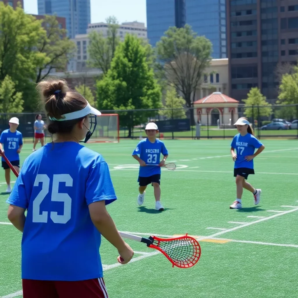 Lacrosse practice session highlighting teamwork among young athletes.