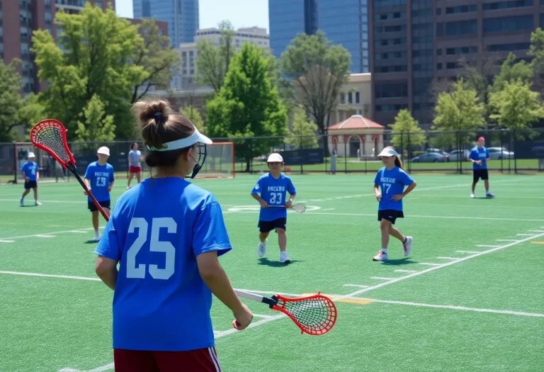 Lacrosse practice session highlighting teamwork among young athletes.