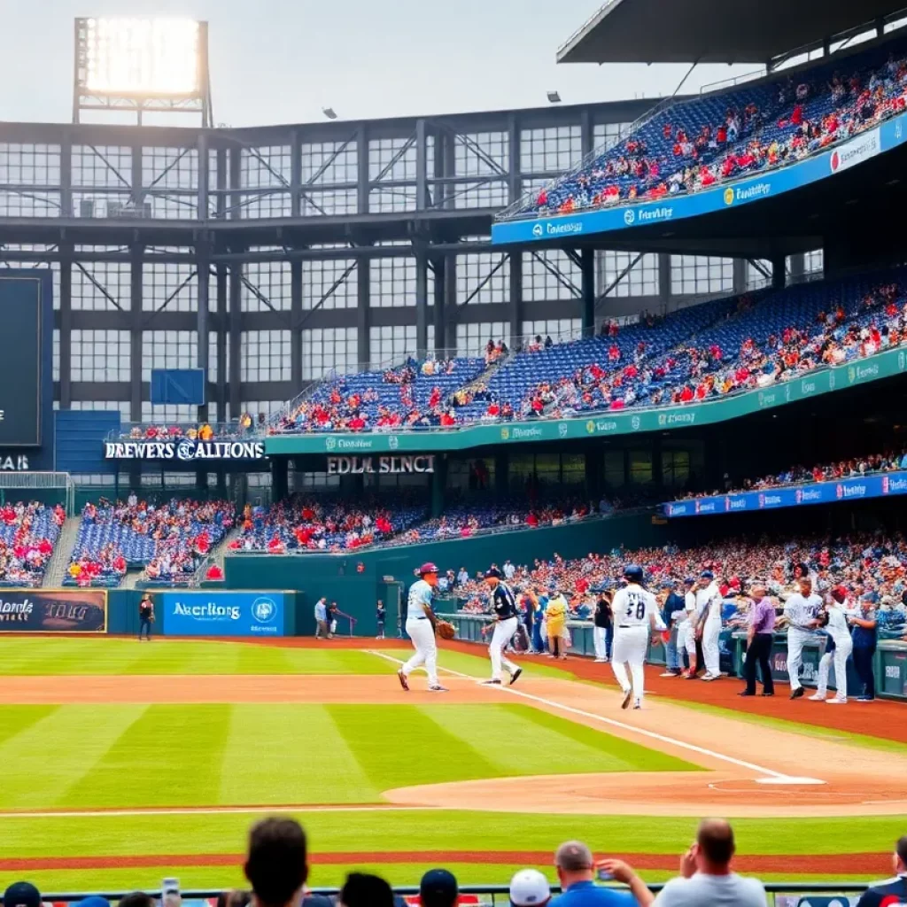 A vibrant scene from a Milwaukee Brewers baseball game showcasing fans and players.