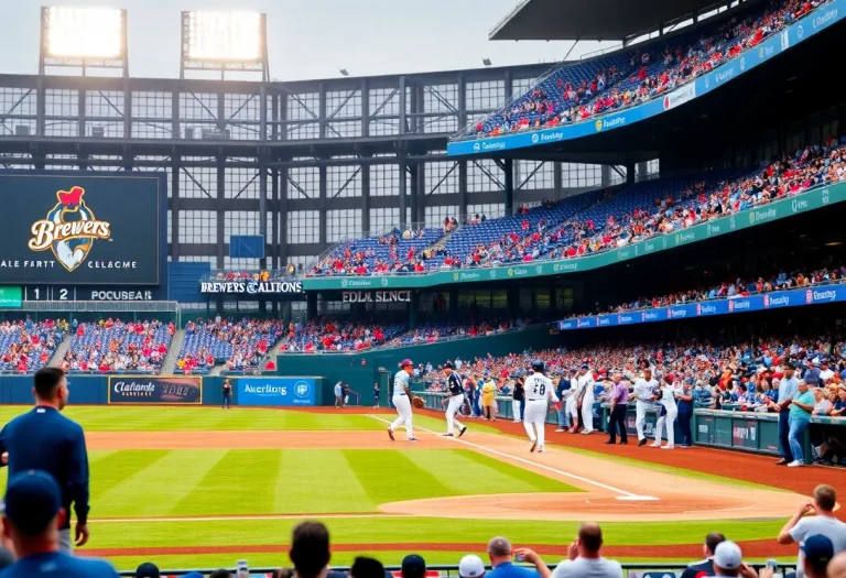 A vibrant scene from a Milwaukee Brewers baseball game showcasing fans and players.