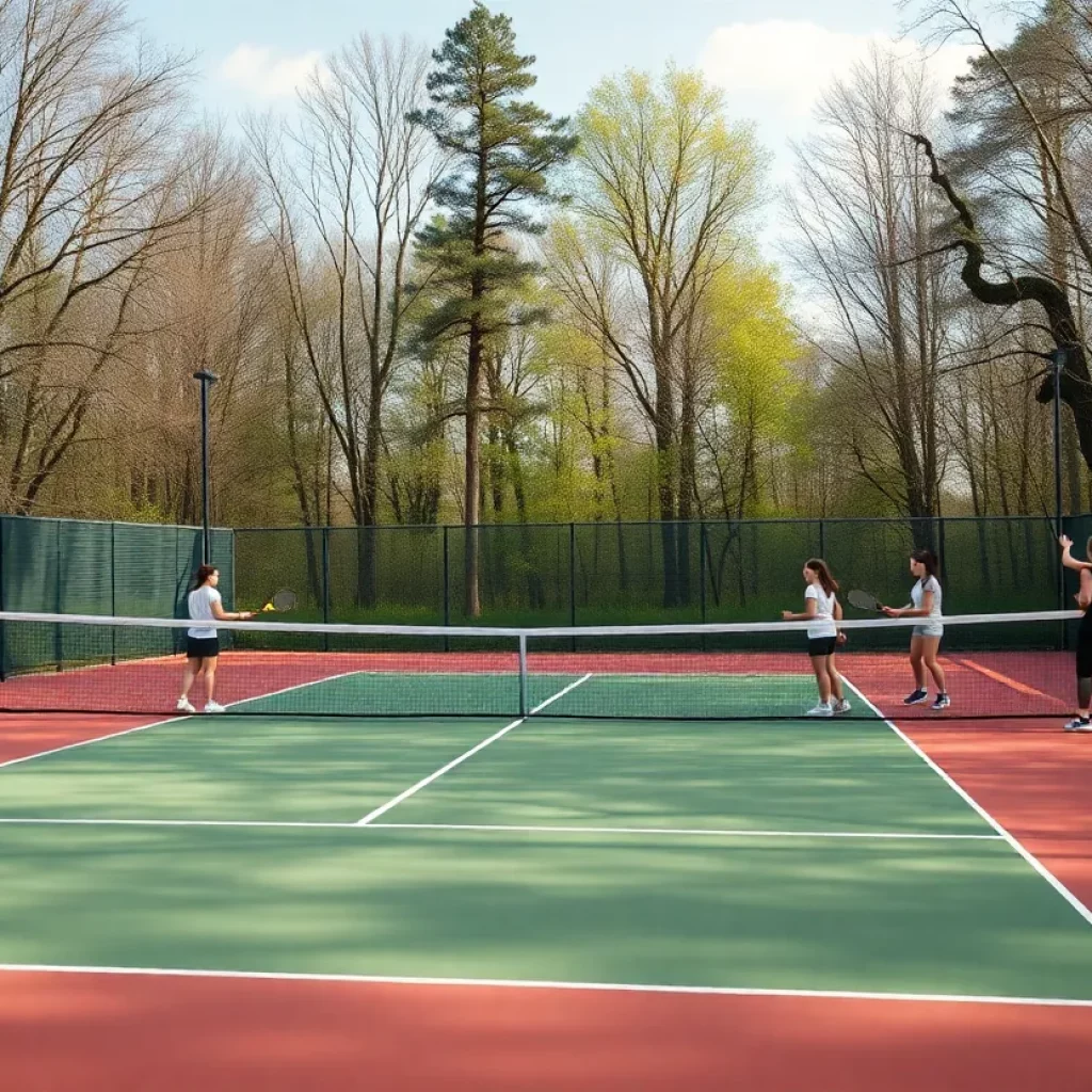 Girls participating in a high school tennis practice on a sunny day