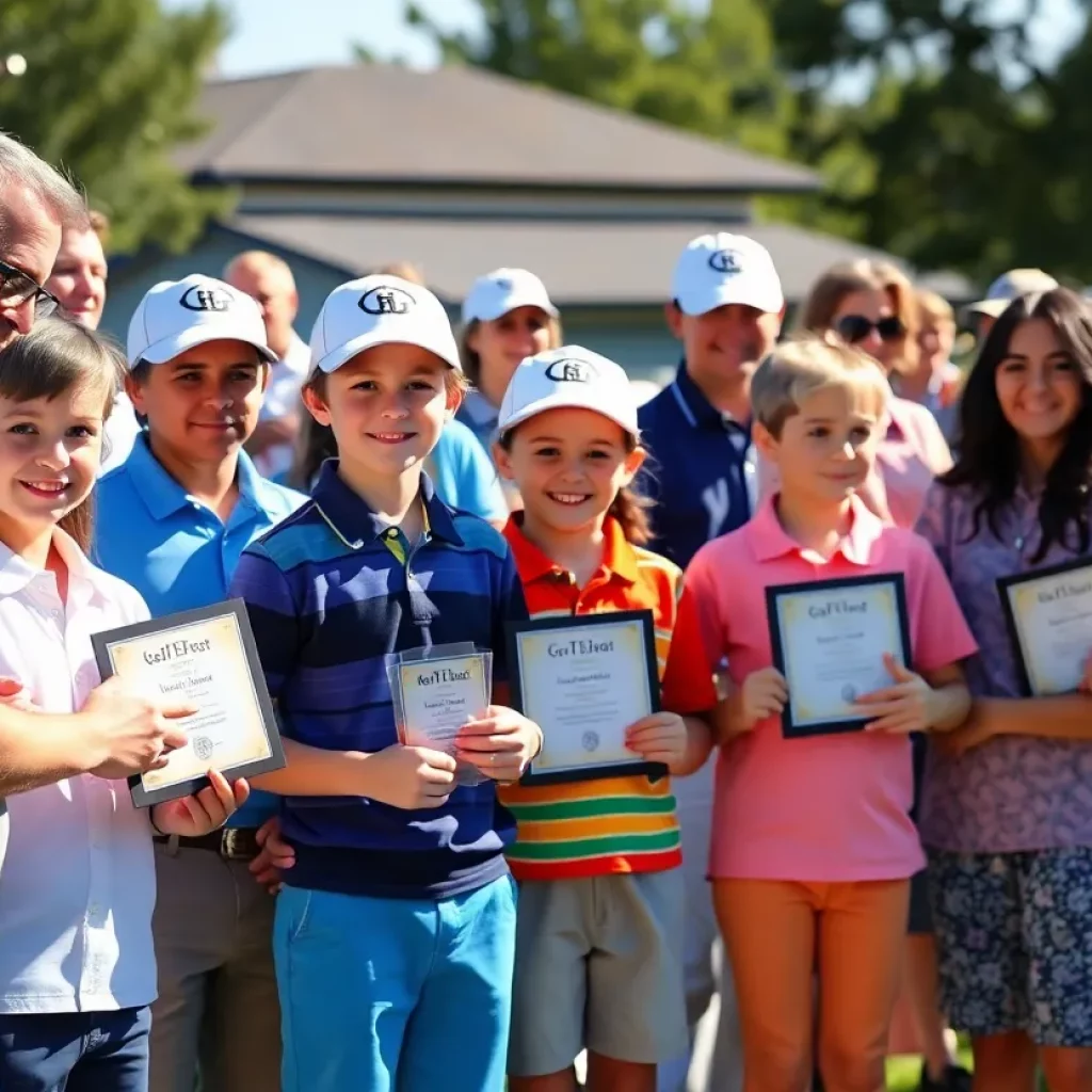 Young golfers celebrating their scholarship awards