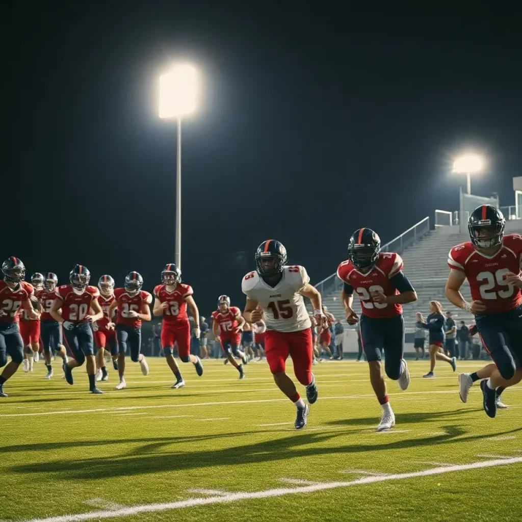 Players in action during a high school football game under stadium lights