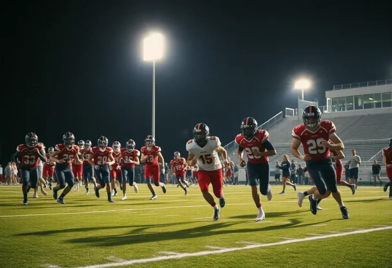 Players in action during a high school football game under stadium lights