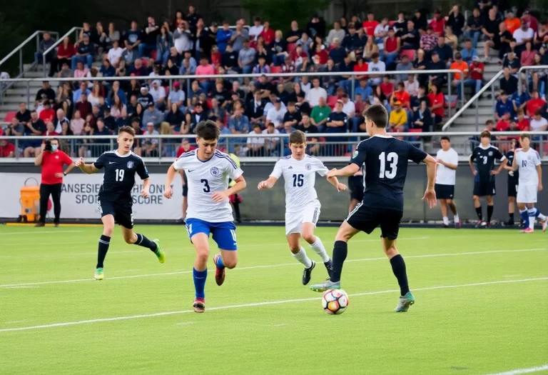 Boys soccer match at a Missouri high school.