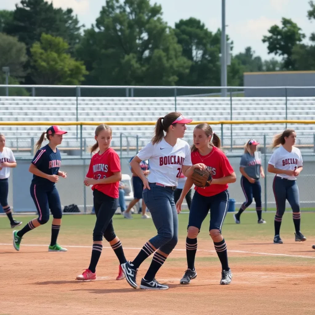 High school softball players competing on the field in Missouri.