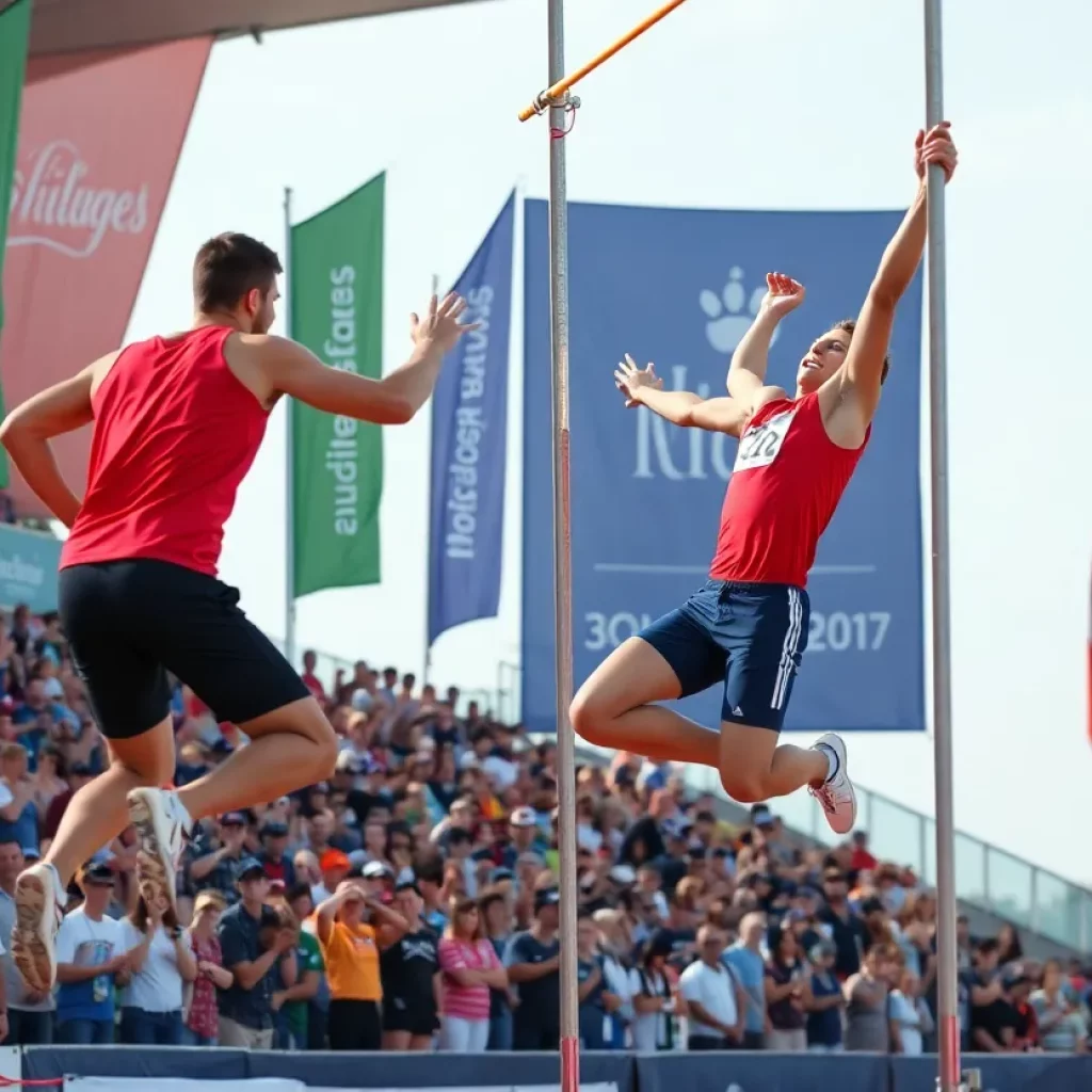 Athlete clearing a bar in a thrilling pole vault event.