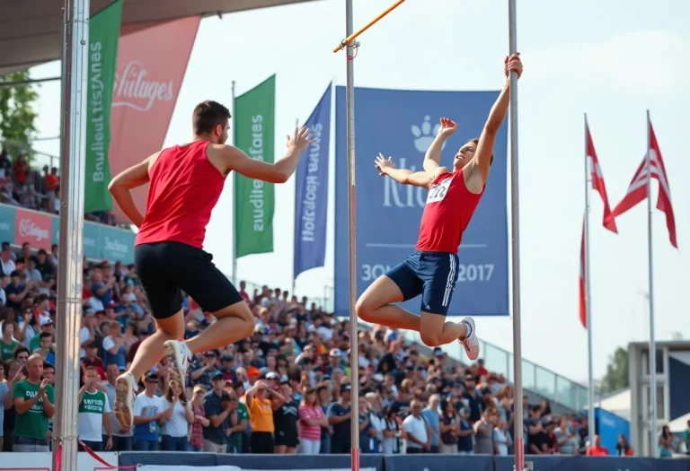 Athlete clearing a bar in a thrilling pole vault event.