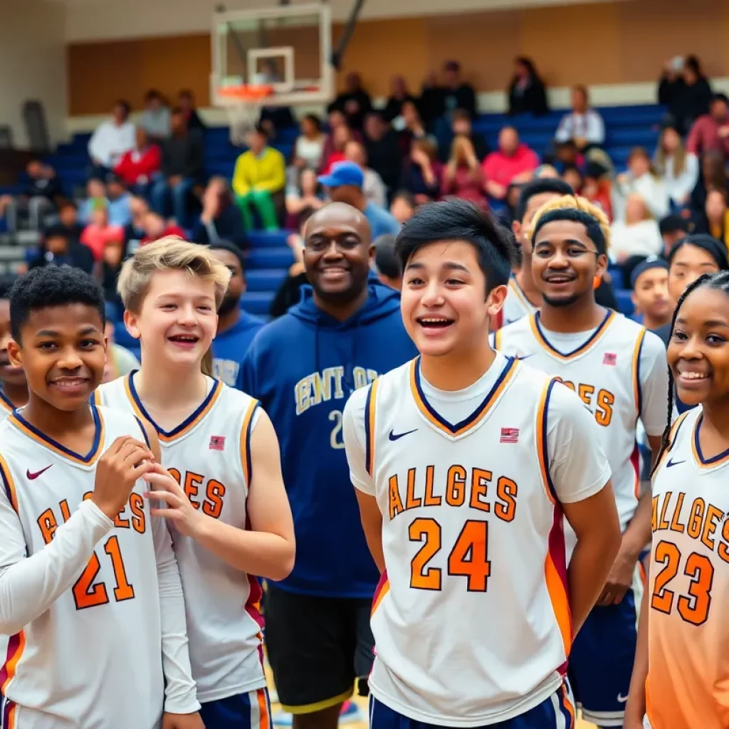 Excited students and basketball players at Monrovia High School during a coaching announcement.