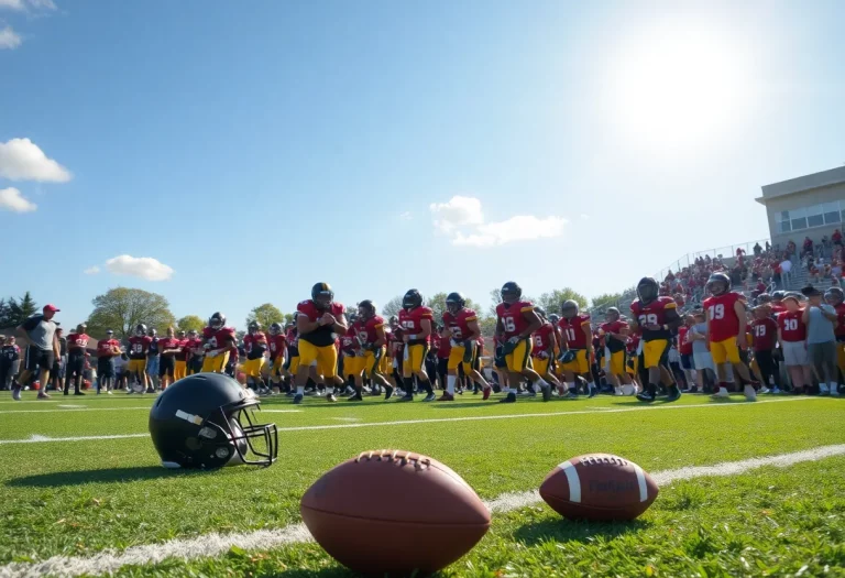 Morgan Trojans football team practicing on the field