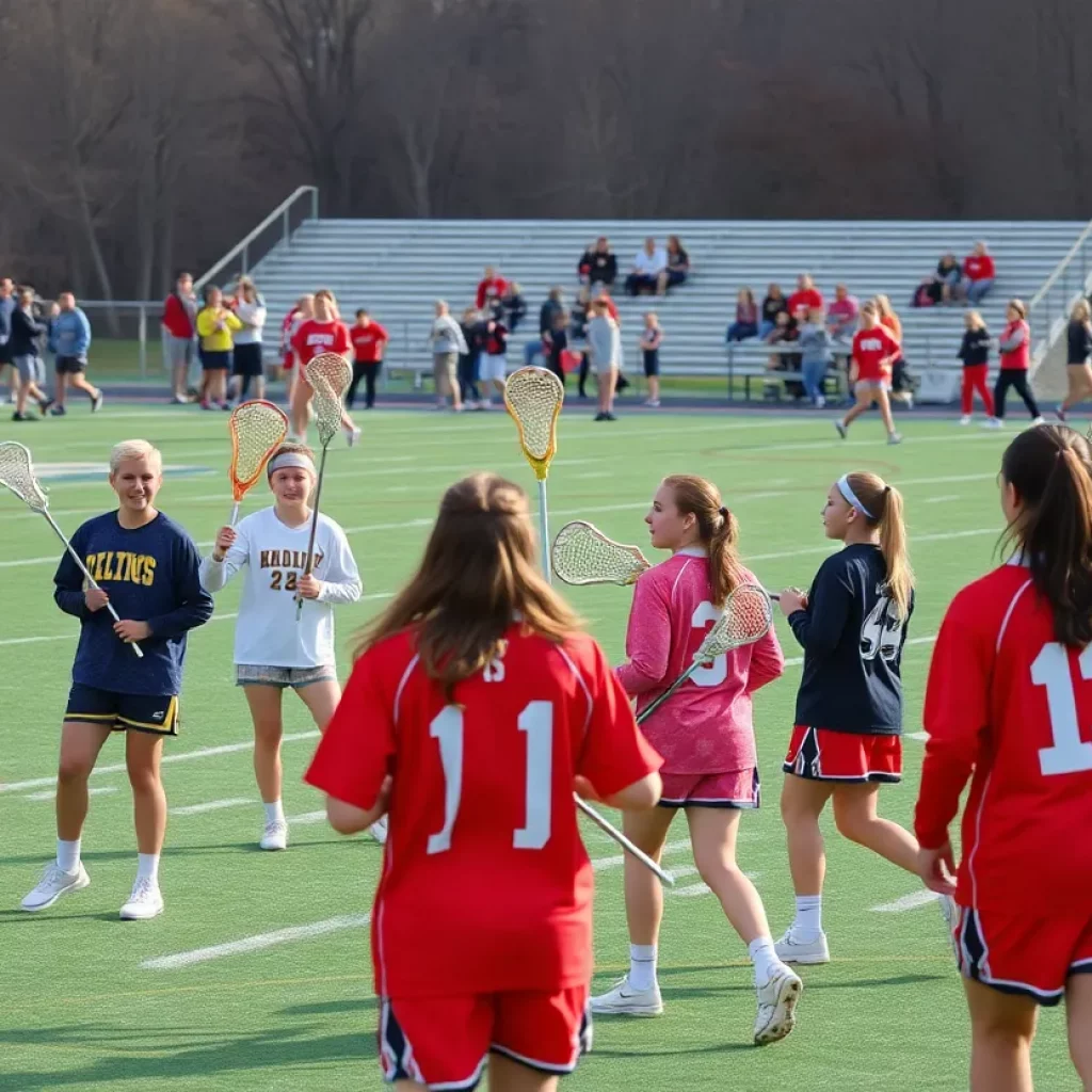 Students from Muzza High School playing lacrosse on the field.