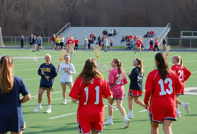 Students from Muzza High School playing lacrosse on the field.