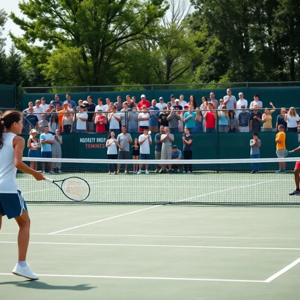 Players competing in a high school tennis match with spectators
