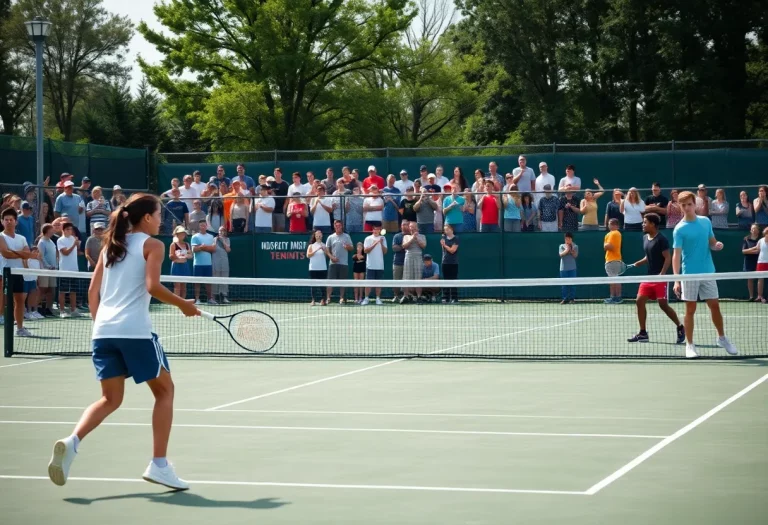 Players competing in a high school tennis match with spectators