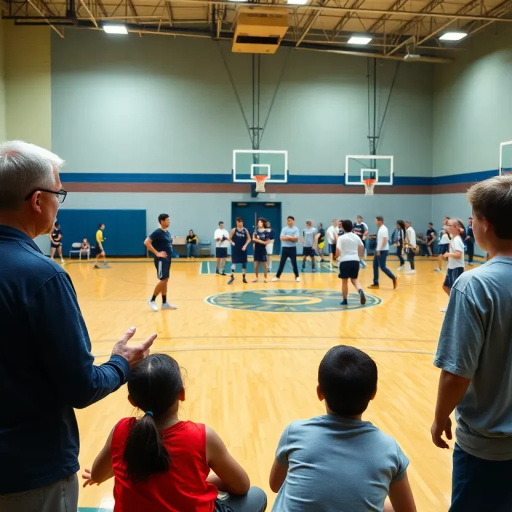 Nathan Hale High School basketball practice in a gym with students and coaches.