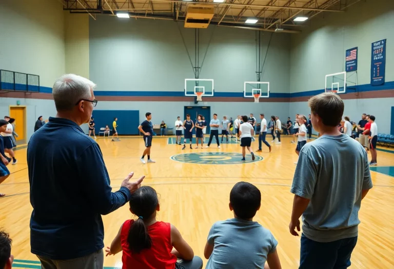 Nathan Hale High School basketball practice in a gym with students and coaches.