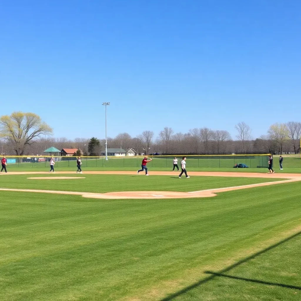 High school softball field with players and spectators in Nebraska