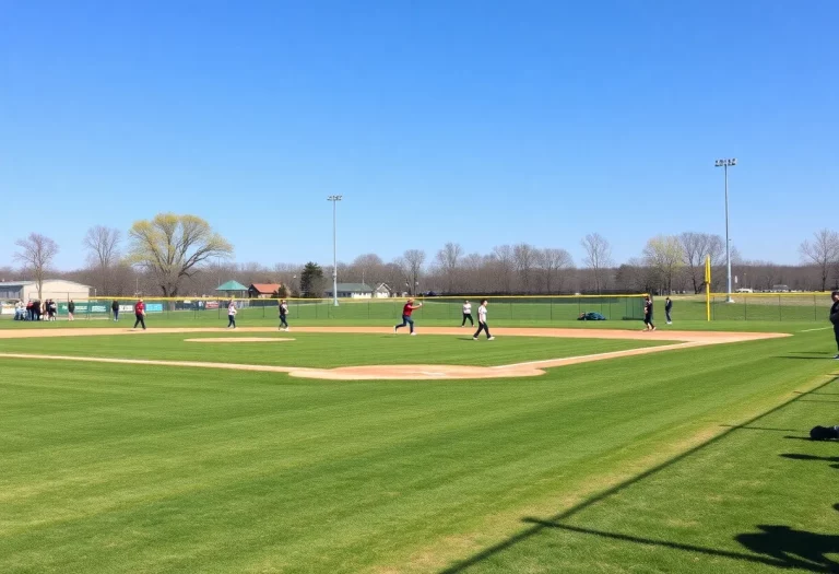 High school softball field with players and spectators in Nebraska