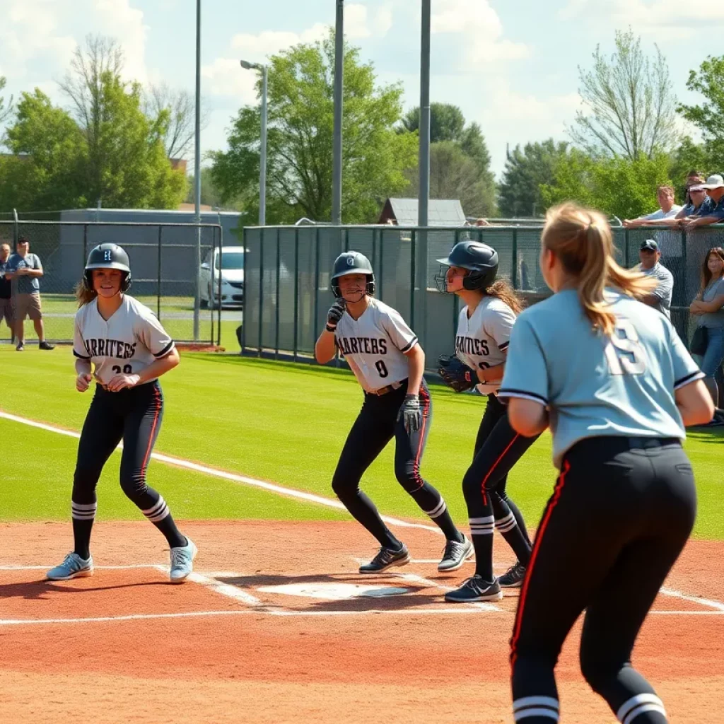 High school softball teams in action on the field